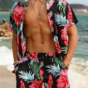EISHOPEER Unisex Flower Hawaiian Set Casual Short Sleeve Shirt and Shorts Small‎
